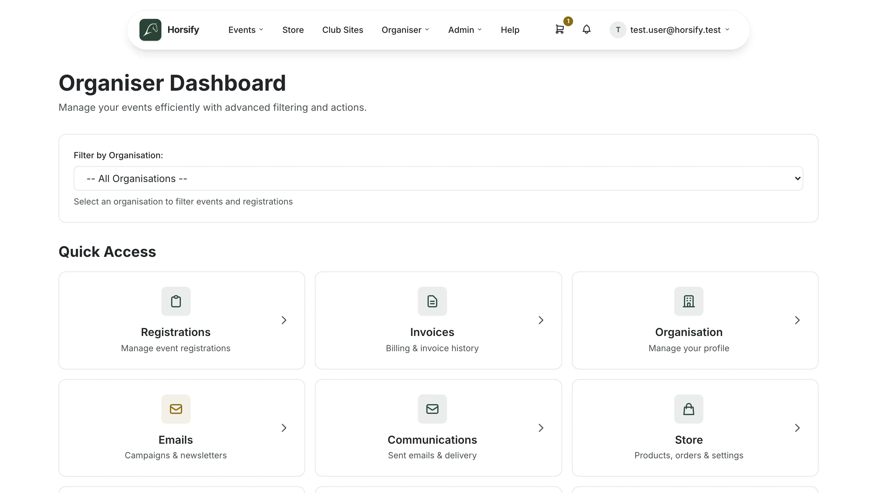 The Horsify organiser dashboard, showing quick-access tiles for registrations, invoices, emails and more.