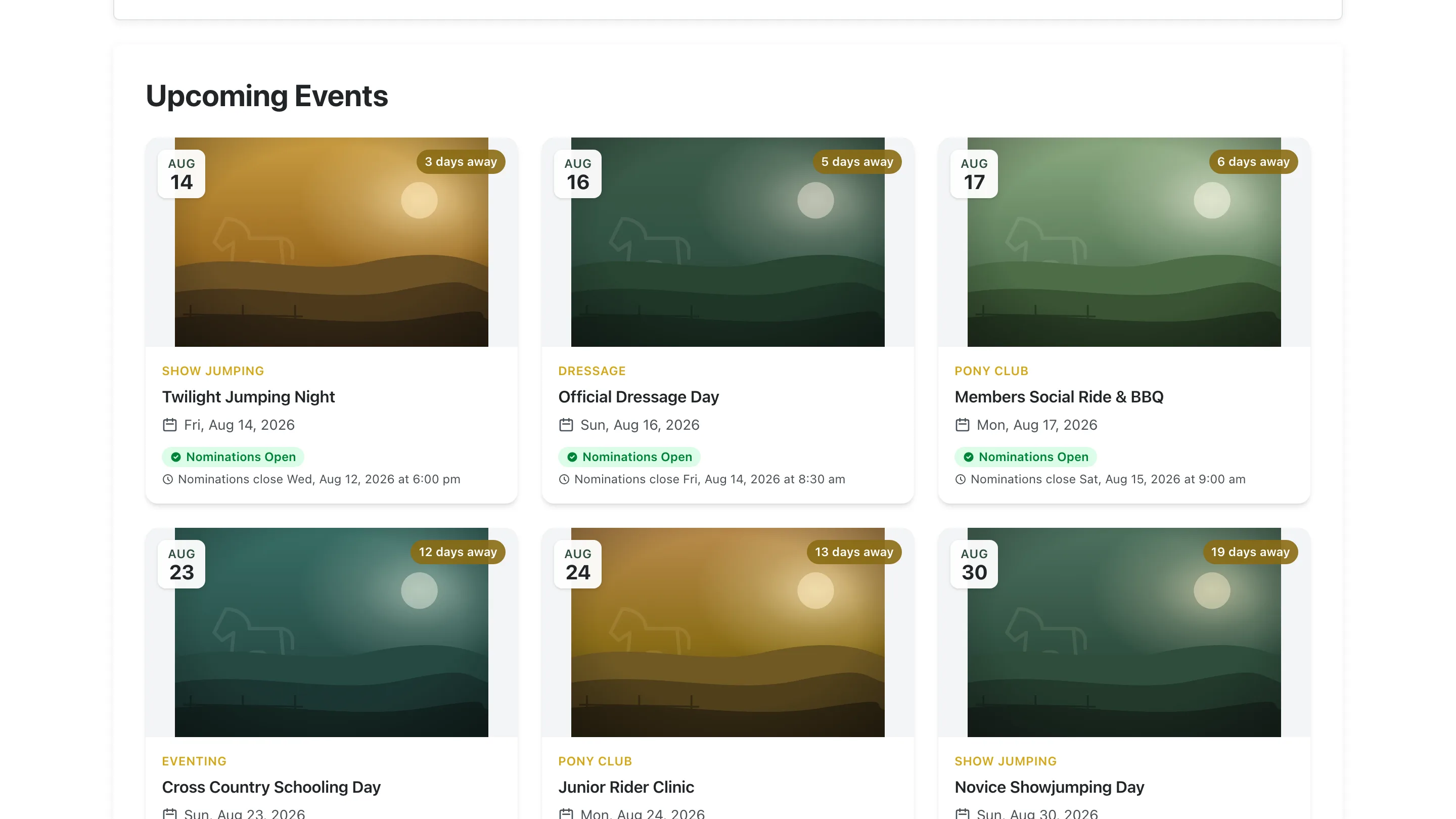 A club website's upcoming events section, showing dated event cards with a nominations-open badge on each.