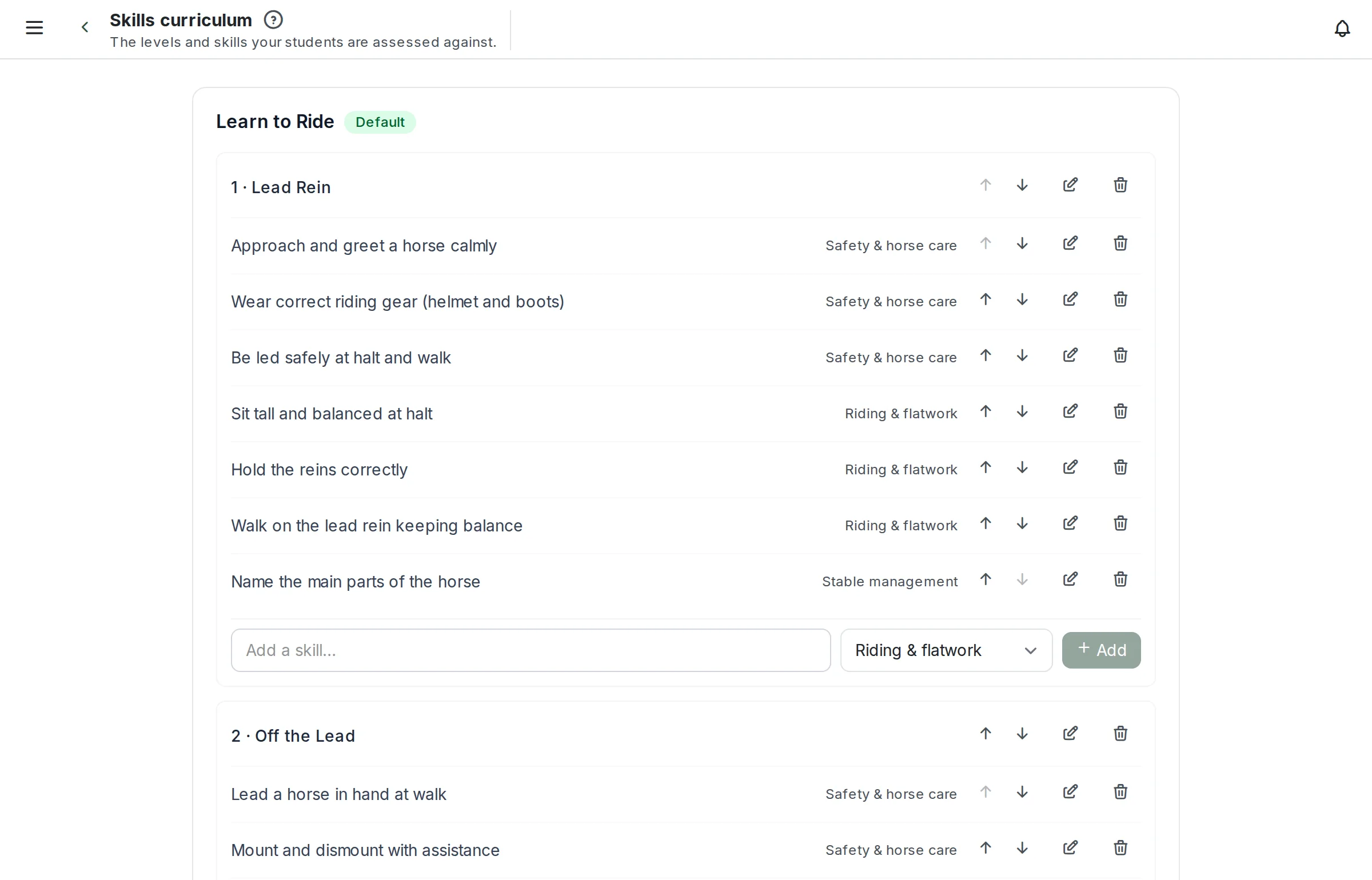 The Skills curriculum screen: a Learn to Ride programme with level 1 Lead Rein and level 2 Off the Lead, each listing assessable skills such as approaching a horse calmly, holding the reins correctly and rising trot on the lead rein, tagged by category, with arrows to reorder them.